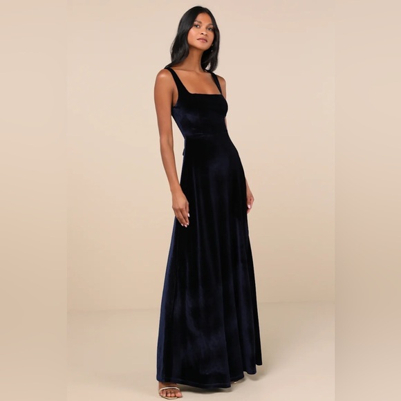 Graceful Invite Navy Blue Velvet Square Neck Lace-Up Maxi Dress - Picture 4 of 4